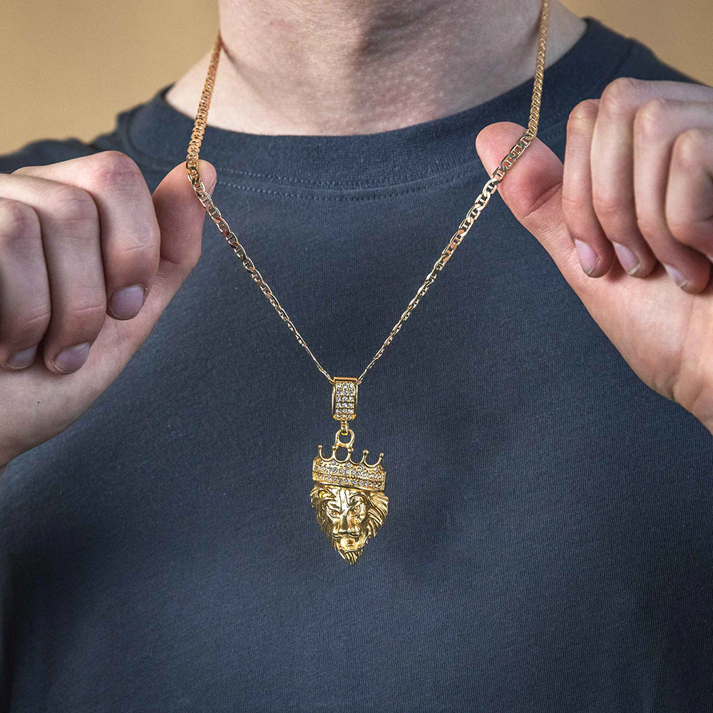 Stainless Steel and Gold Plated Crystal  Lion Head with Crown Pendant - Image 2
