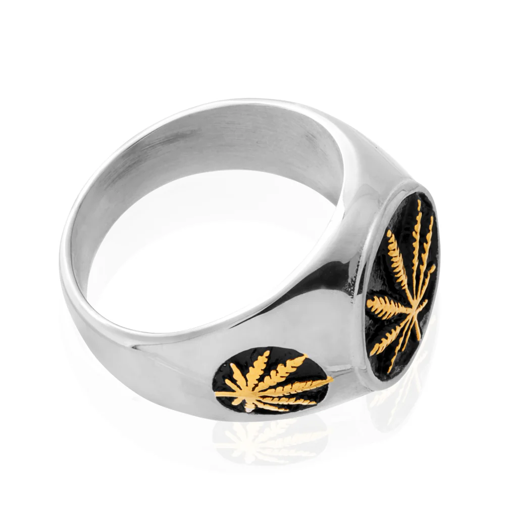Stainless Steel and Gold Plated Hemp Leaf Ring  *NO RESIZE* - Image 2