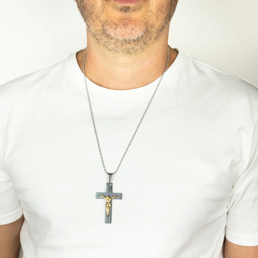 Stainless Steel Black And Gold Two Tone Crucifix Pendant On 60.9cm Ball Chain - Image 2