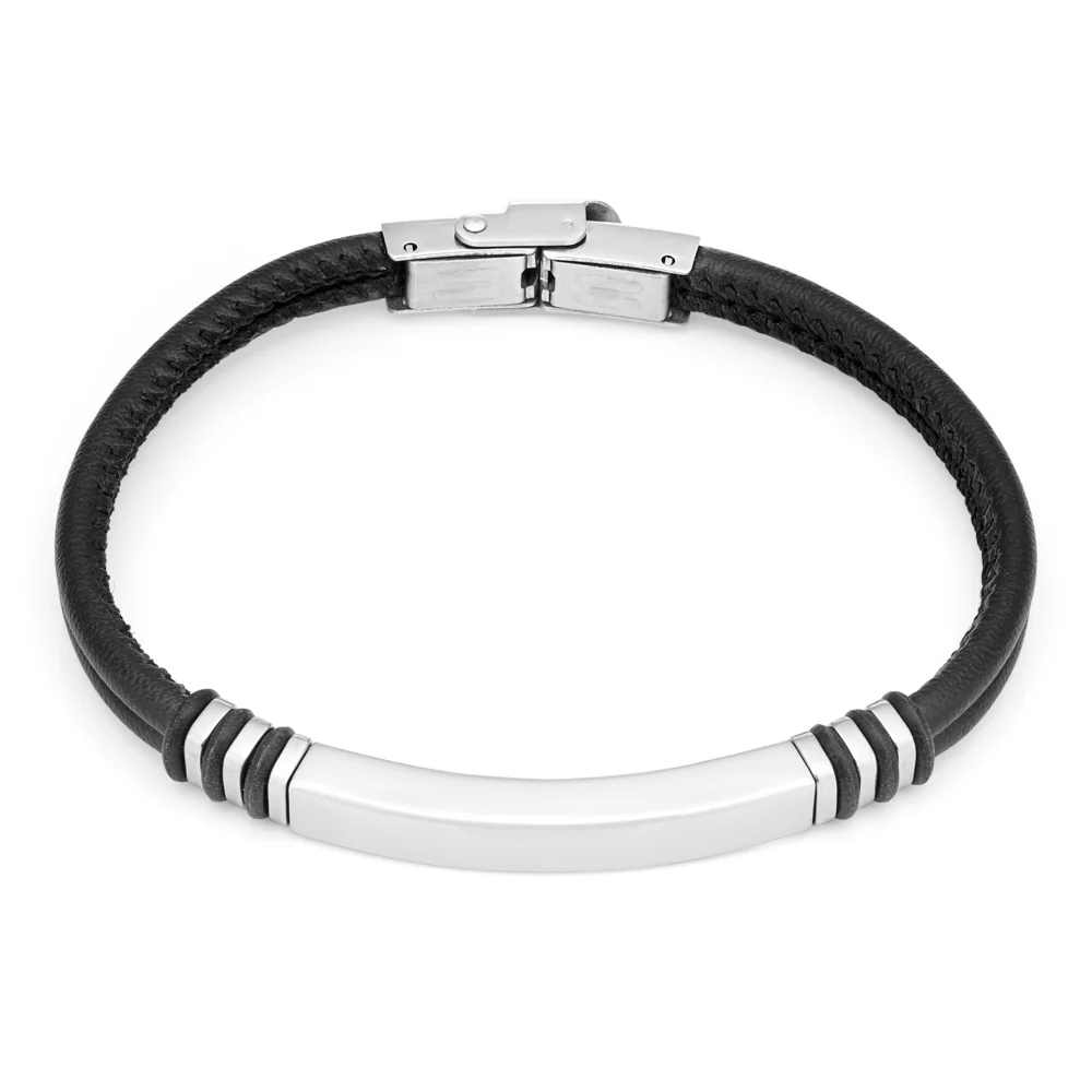 Stainless Steel Black Leather 21cm Bracelet - Image 2