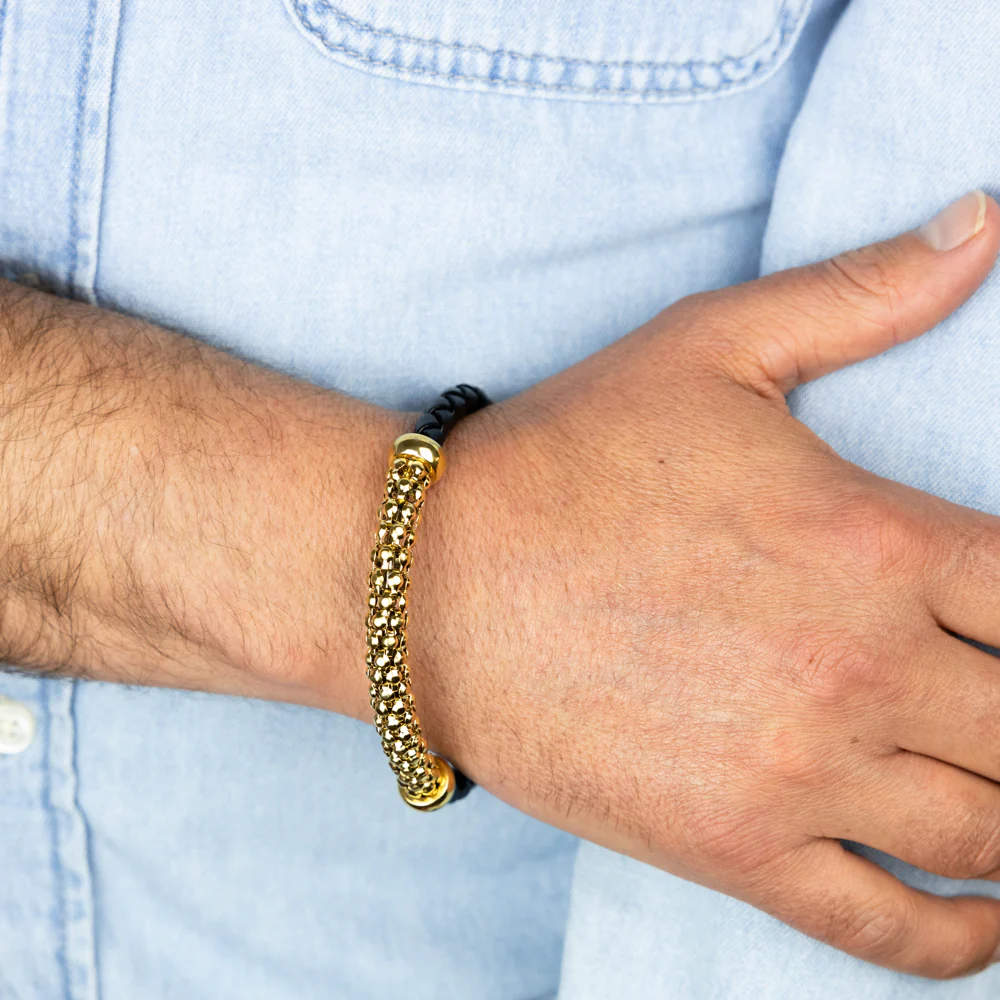 Stainless Steel Black Leather And Gold Plated 20.3cm Bracelet - Image 2