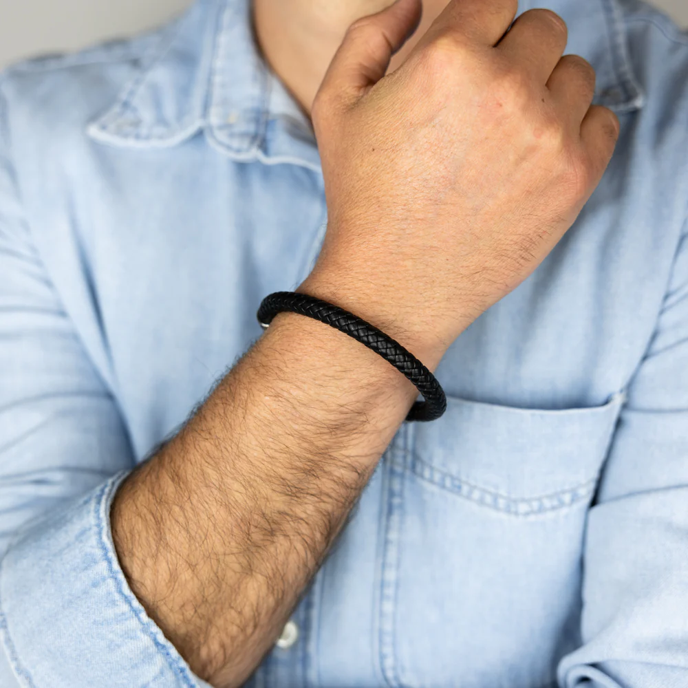Stainless Steel Black Leather And Oxidized Open Bangle - Image 2