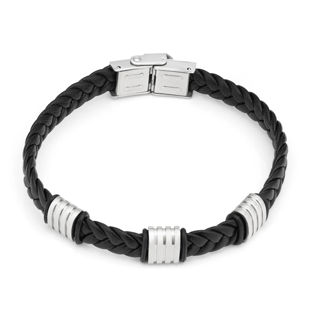 Stainless Steel Black Leather Bracelet - Image 2