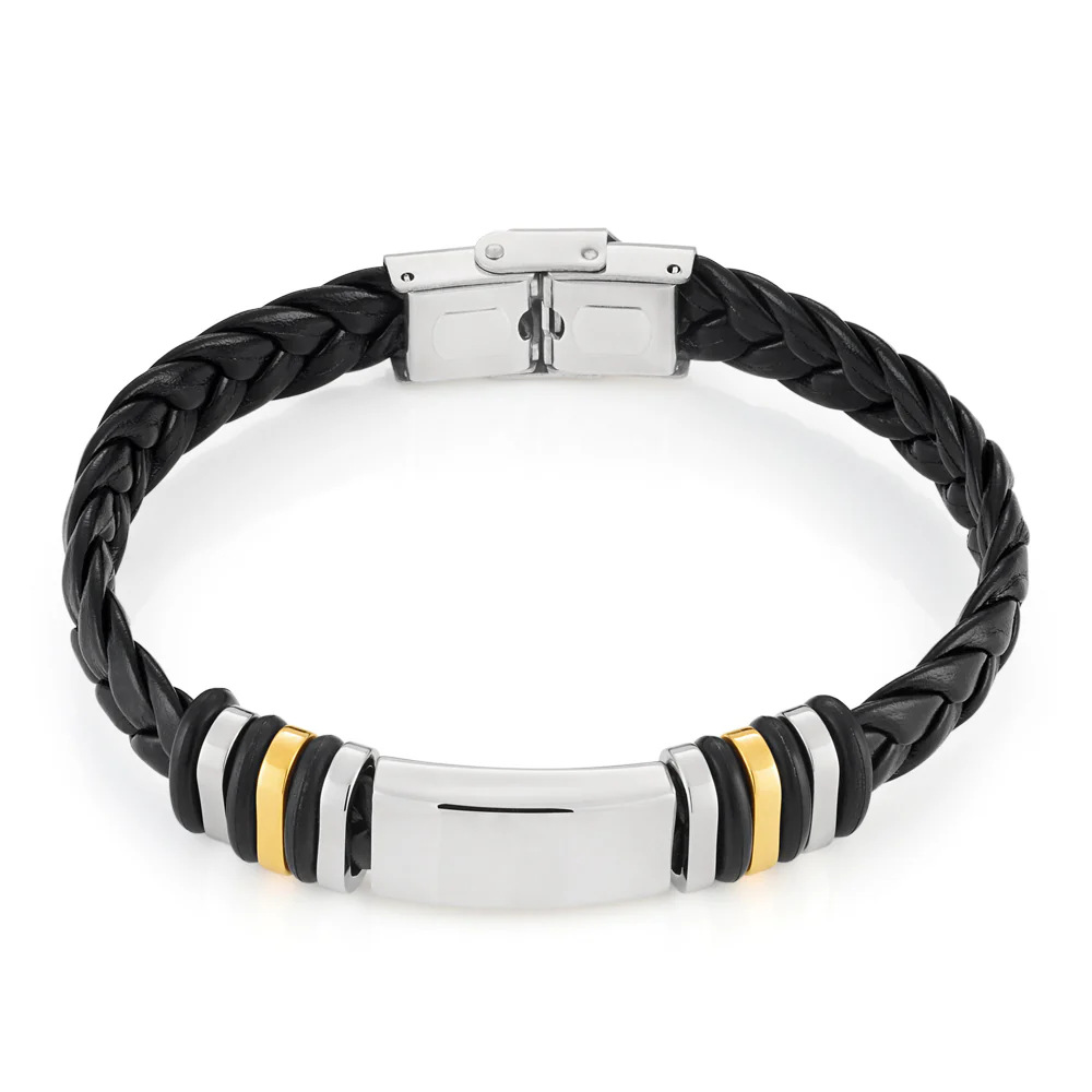 Stainless Steel Black Leather Gold Plated Gents Bracelet - Image 2