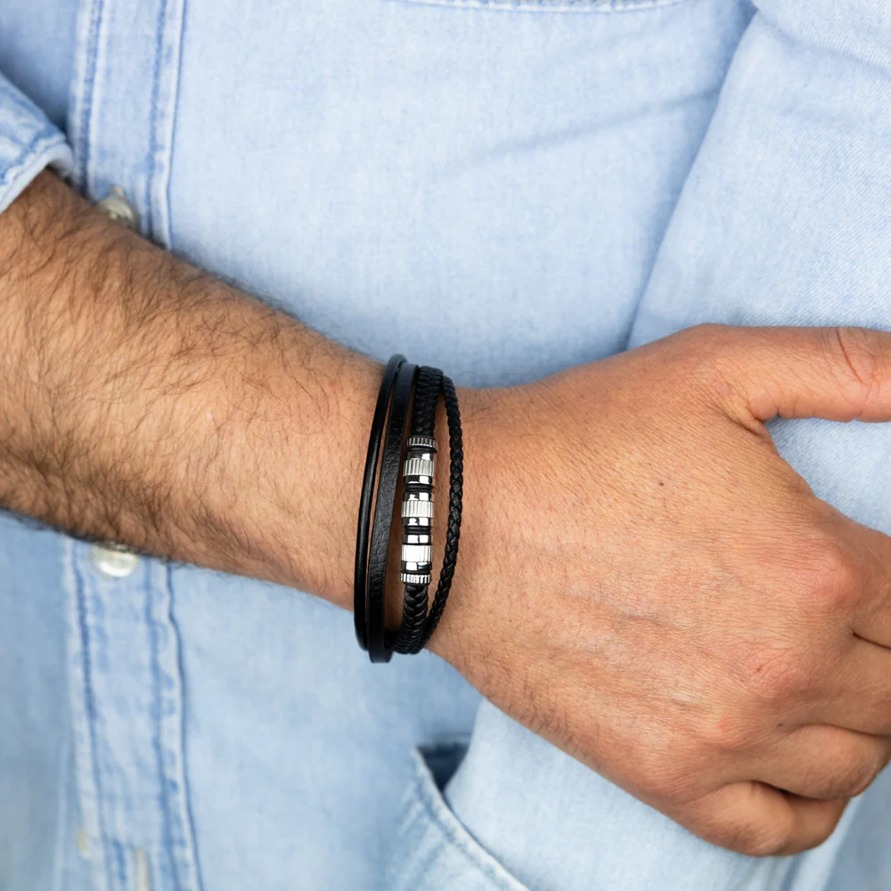 Stainless Steel Black Leather Layered 21cm Bracelet - Image 2