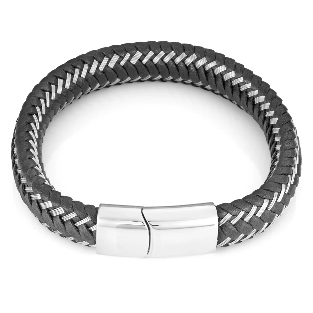 Stainless Steel Black Leather Woven Gents Bracelet - Image 2