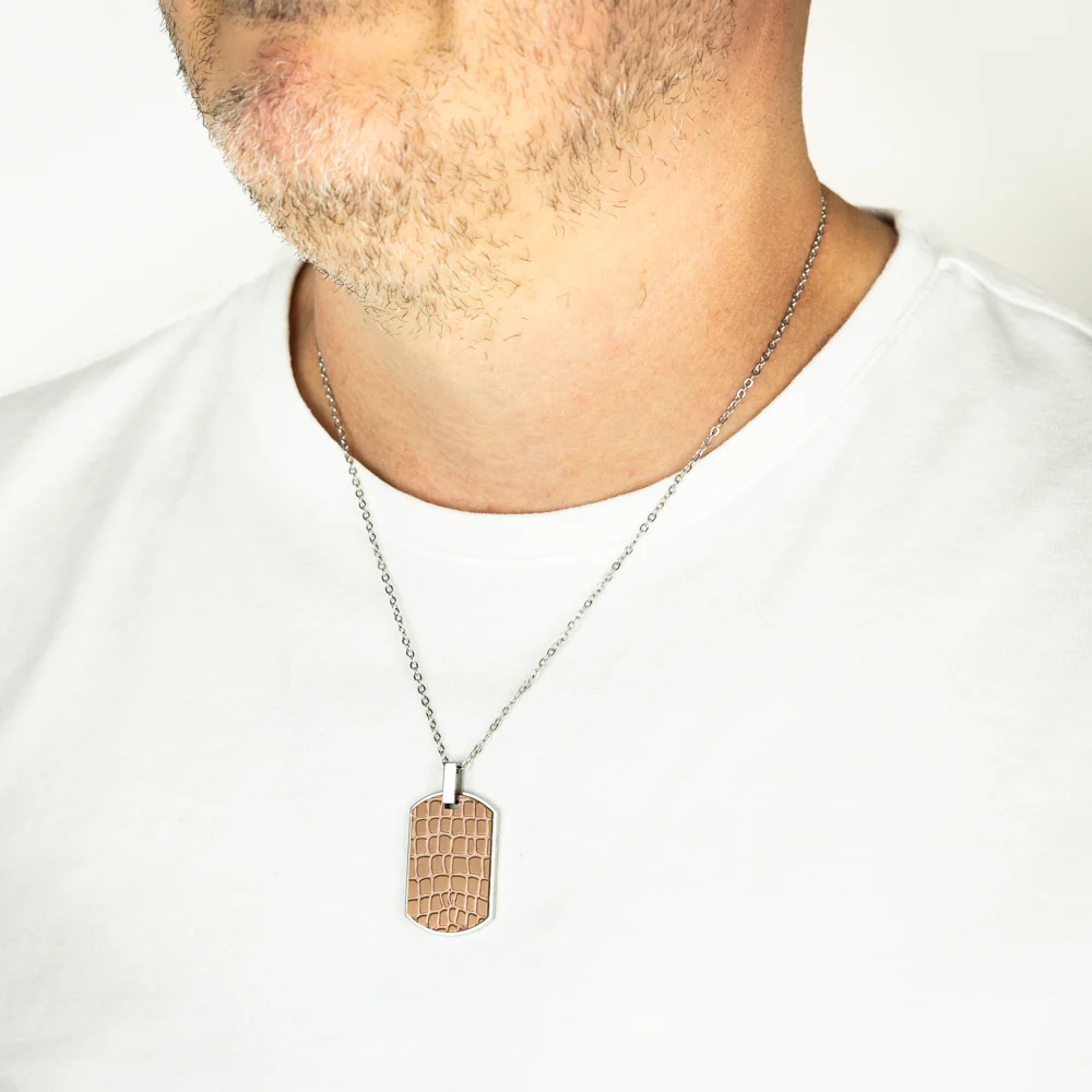 Stainless Steel Chocolate Colour Leather Look Dog Tag Pendant On Chain - Image 2