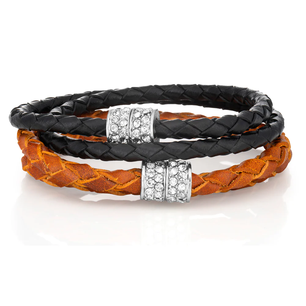 Stainless Steel Crystal Double Wrap Magnetic Fancy Tan Bracelet - Image 3