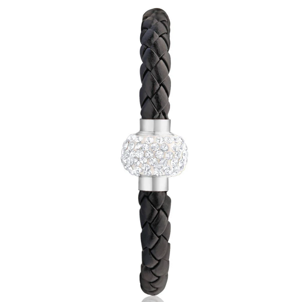 Stainless Steel Crystal Magnetic Black Leather Fancy Bracelet - Image 2