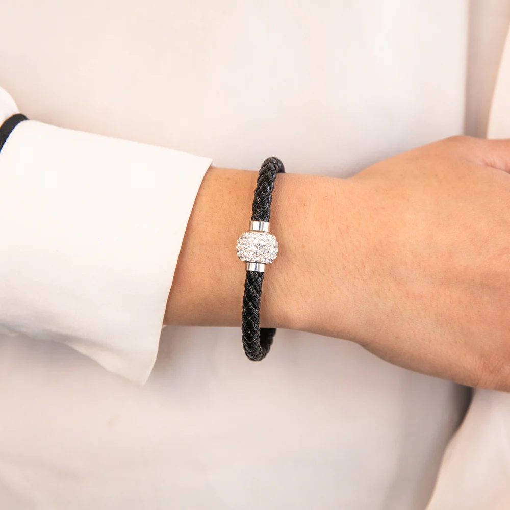 Stainless Steel Crystal Magnetic Black Leather Fancy Bracelet - Image 3