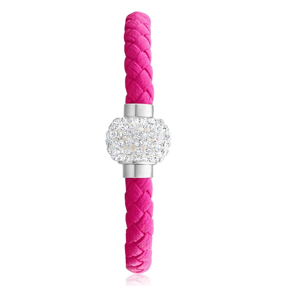 Stainless Steel Crystal Magnetic Pink Leather Fancy Bracelet - Image 2