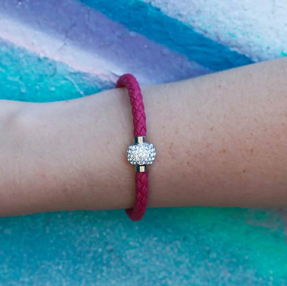 Stainless Steel Crystal Magnetic Pink Leather Fancy Bracelet - Image 3
