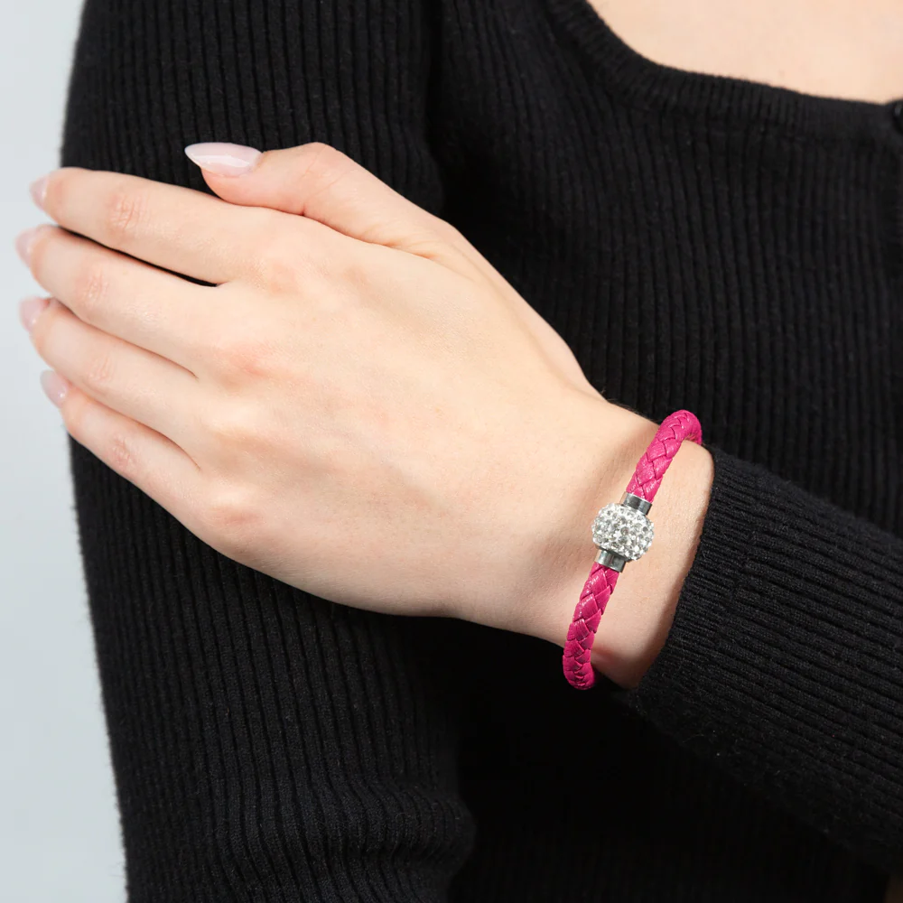 Stainless Steel Crystal Magnetic Pink Leather Fancy Bracelet - Image 4