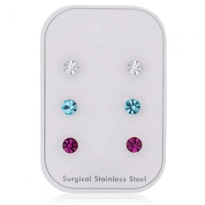 Stainless Steel Crystal Studs Set of 3 - White Aqua Fucshia - Image 2