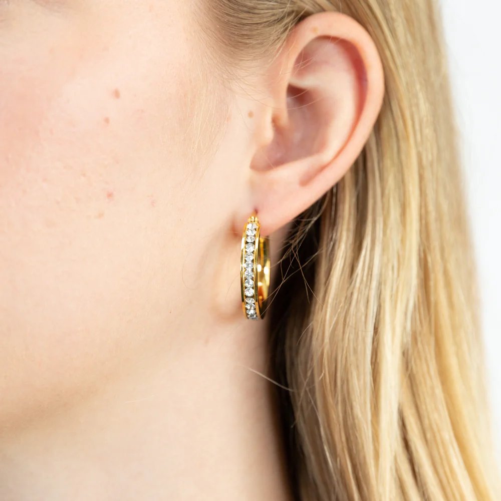 Stainless Steel Gold Plated 25mm Full Circle Crystal Hoop Earrings - Image 3