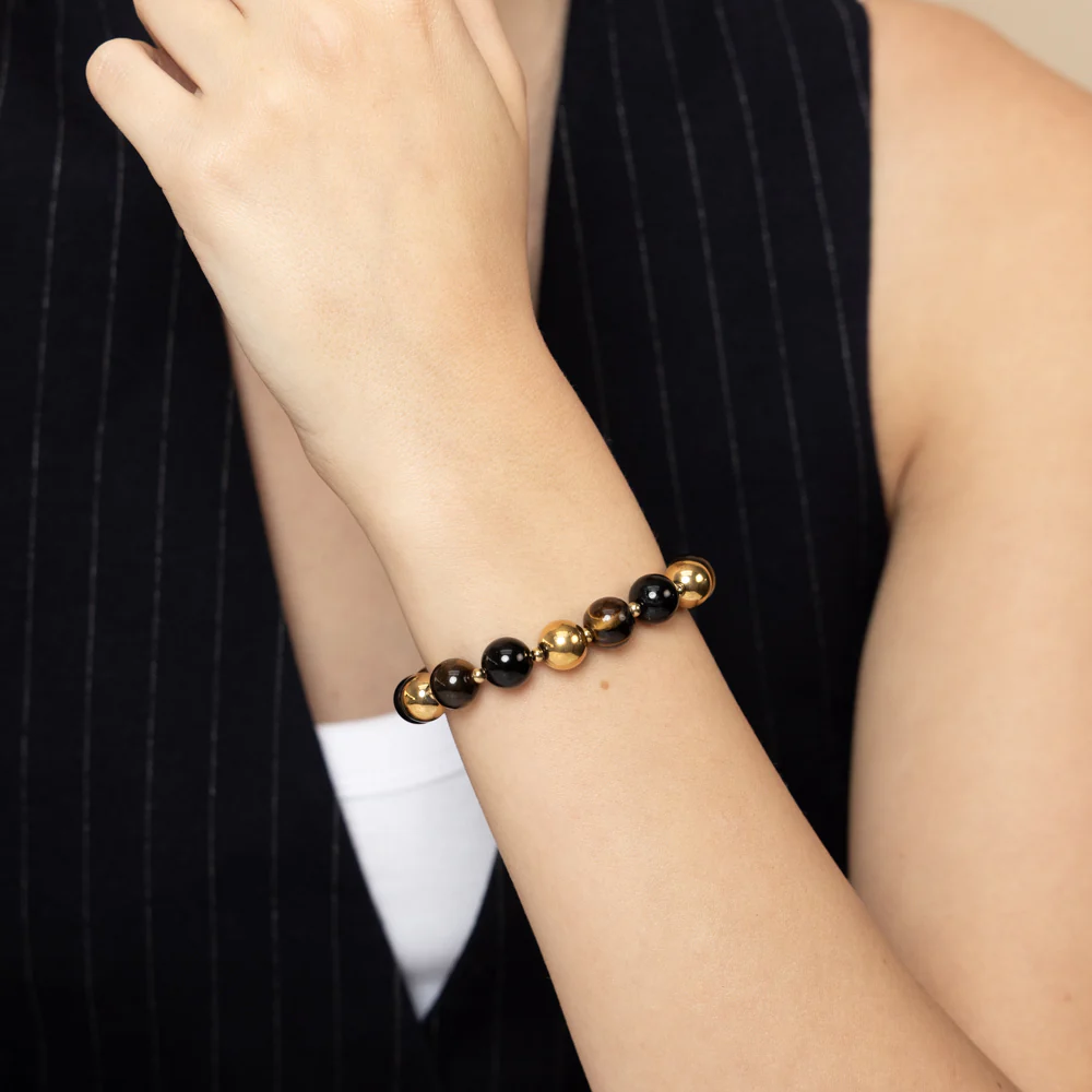 Stainless Steel Gold Plated Black Agate Tiger Eye 17.5cm Stretchable Bracelet - Image 2
