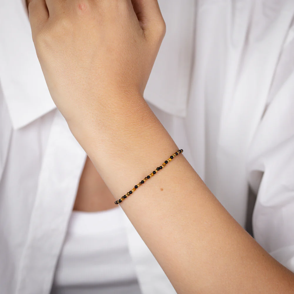 Stainless Steel Gold Plated Black Agate Tiger Eye 17.5cm Stretchable Bracelet - Image 3