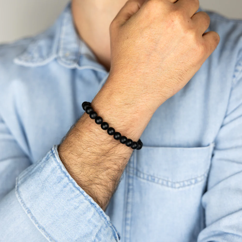 Stainless Steel Gold Plated Black Beads Stretchable Bracelet - Image 2