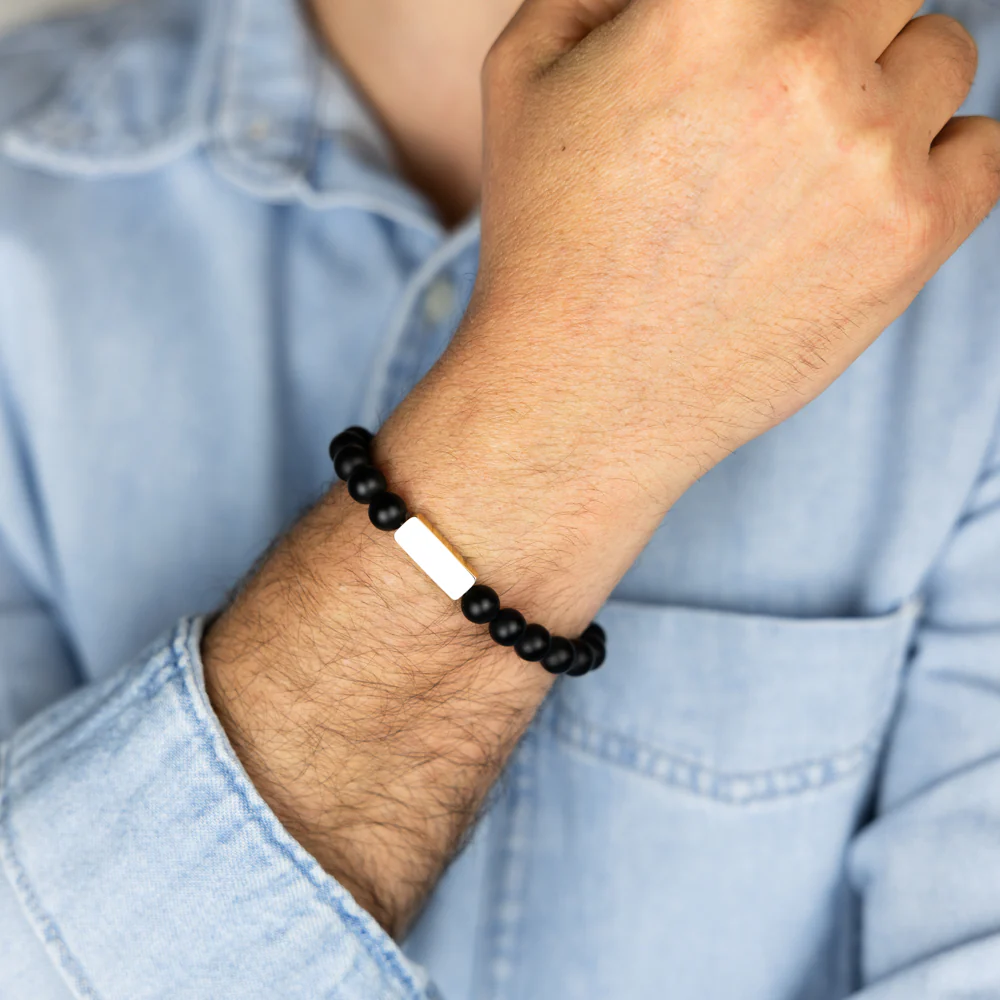Stainless Steel Gold Plated Black Beads Stretchable Bracelet - Image 3