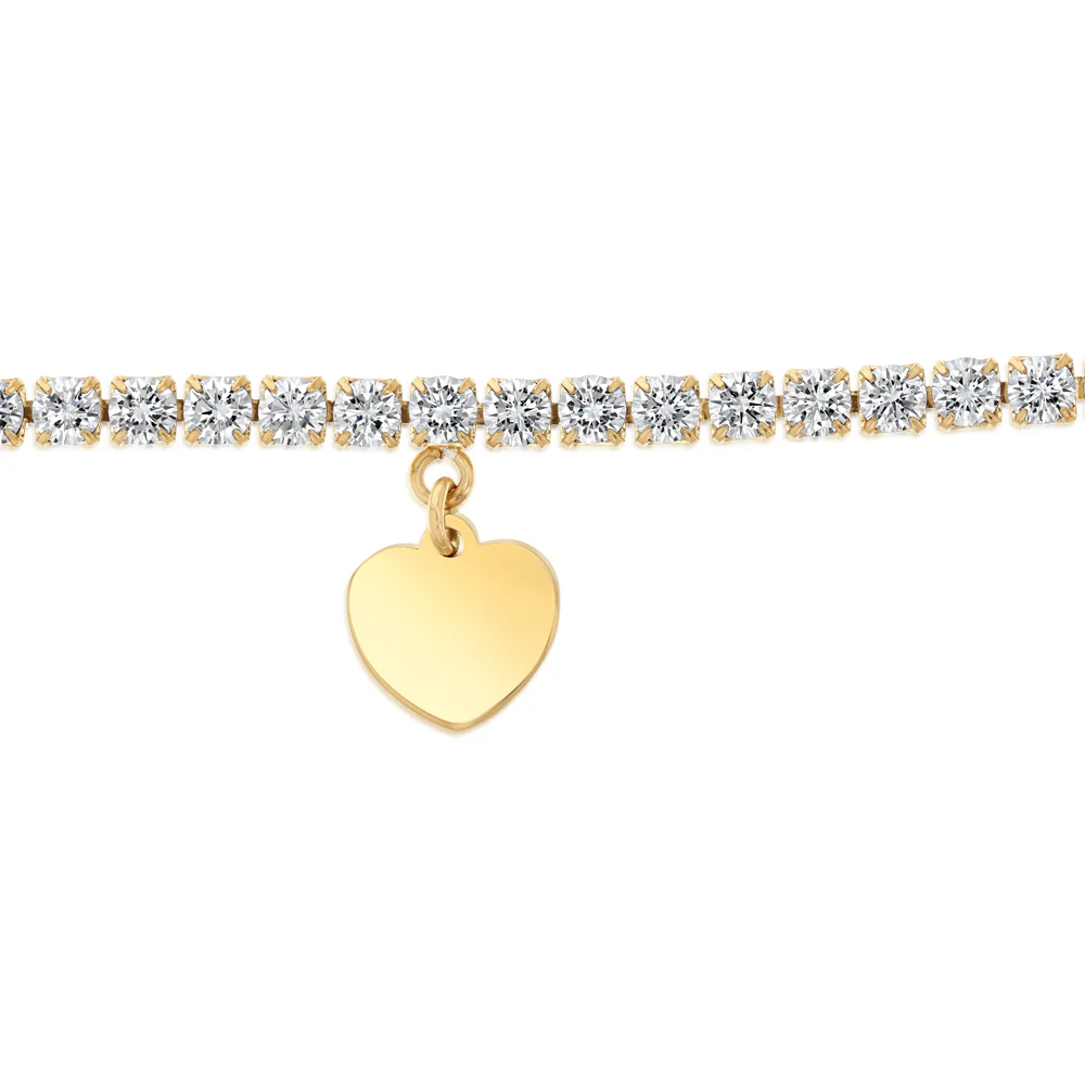 Stainless-Steel Gold-Plated Heart Charm 2.4mm Cubic Zirconia Tennis Bracelet - Image 3
