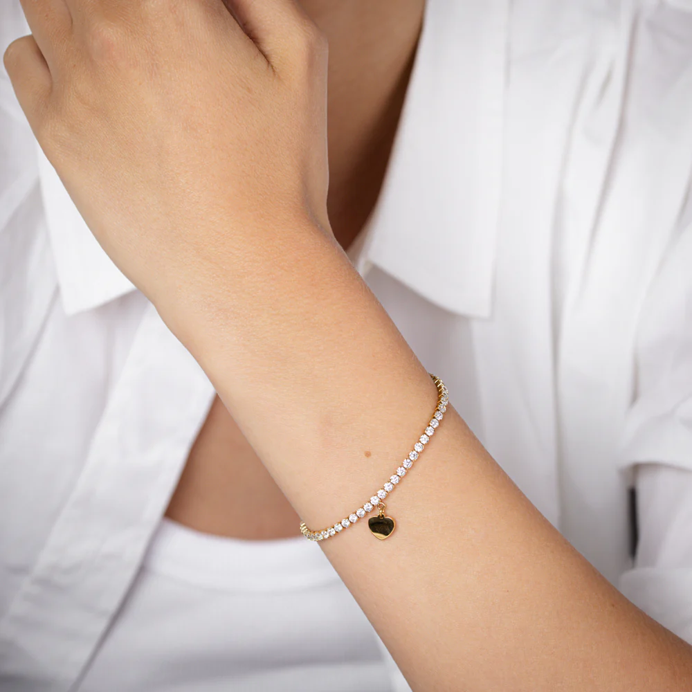 Stainless-Steel Gold-Plated Heart Charm 2.4mm Cubic Zirconia Tennis Bracelet - Image 4