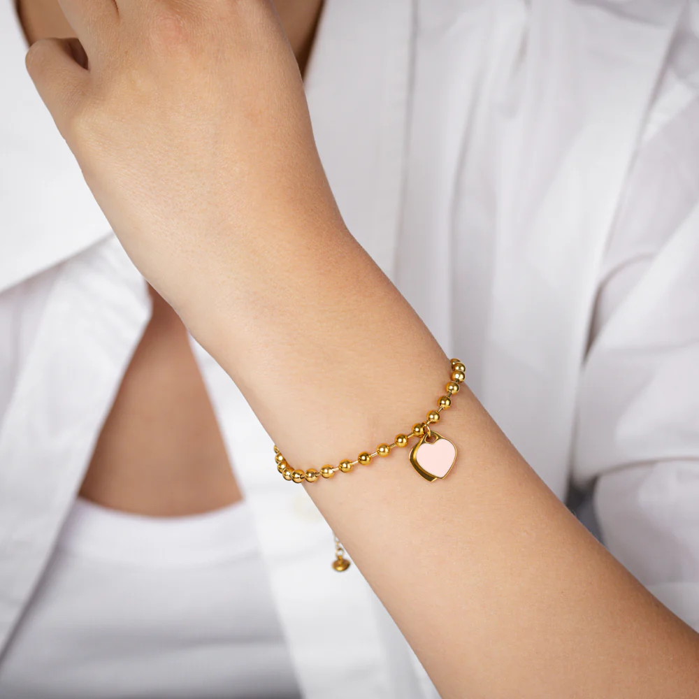 Stainless Steel Gold Plated Heart Charm Beaded Bracelet - Image 4