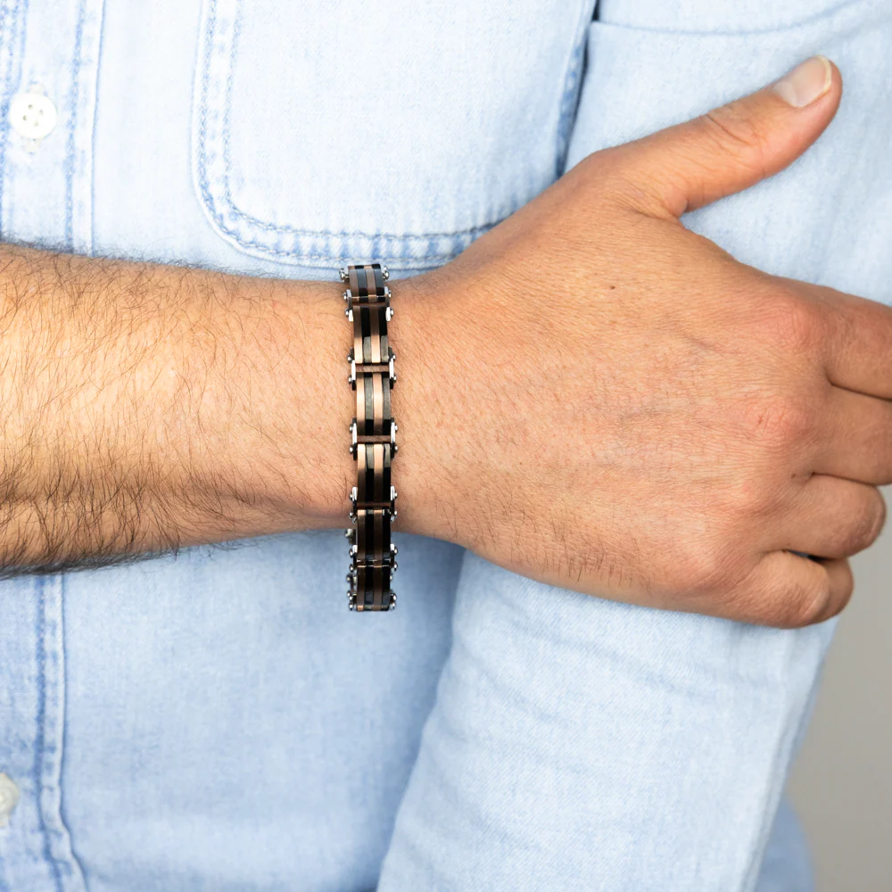 Stainless Steel Multo Tone Black Silver And Chocolate Hinged 21cm Bracelet - Image 3