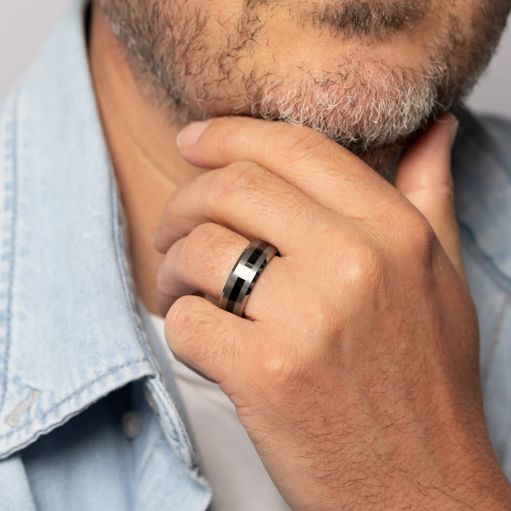 Stainless Steel Ring with Black Stripe Accent - Image 2