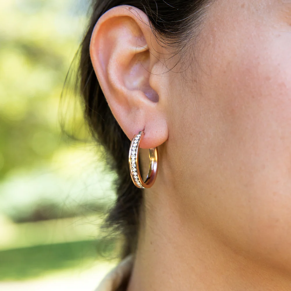 Stainless Steel Rose Gold Plated 25mm Full Circle Crystal Hoop Earrings - Image 2