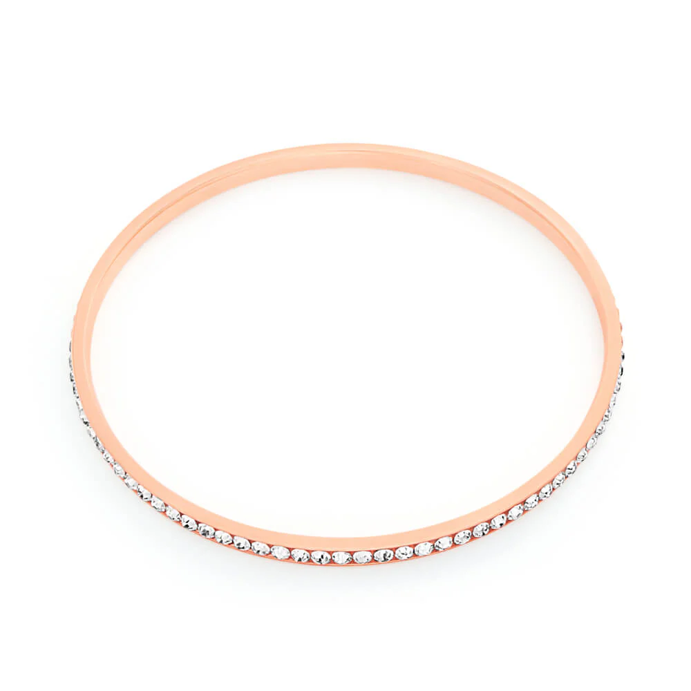 Stainless Steel Rose Gold Plated Crystal 3mmx65mm Bangle - Image 2