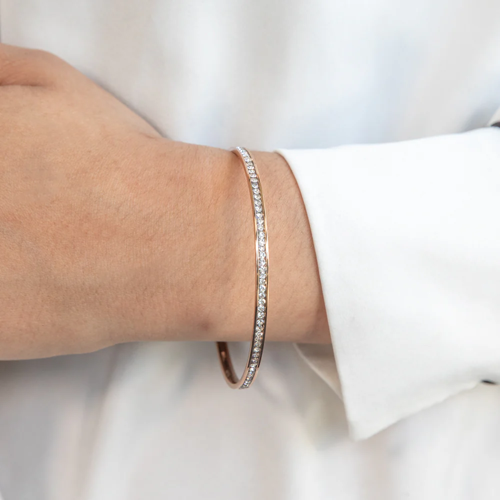 Stainless Steel Rose Gold Plated Crystal 3mmx65mm Bangle - Image 5