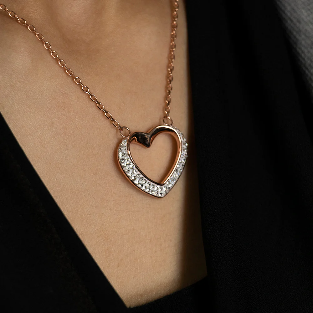 Stainless Steel Rose Gold Plated Crystal Open Heart Pendant with Chain - Image 2