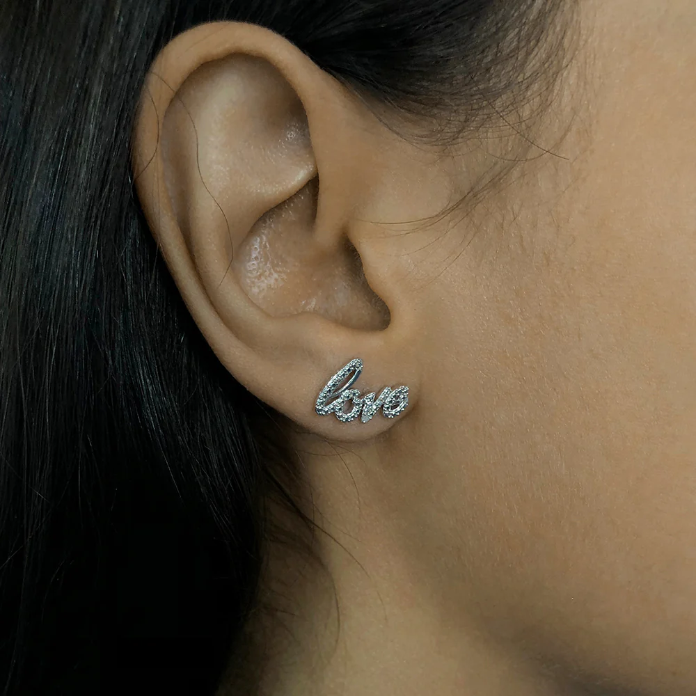Sterling Silver 0.01 Carat Diamond Love Stud Earrings with 2 Brilliant Cut Diamonds - Image 2