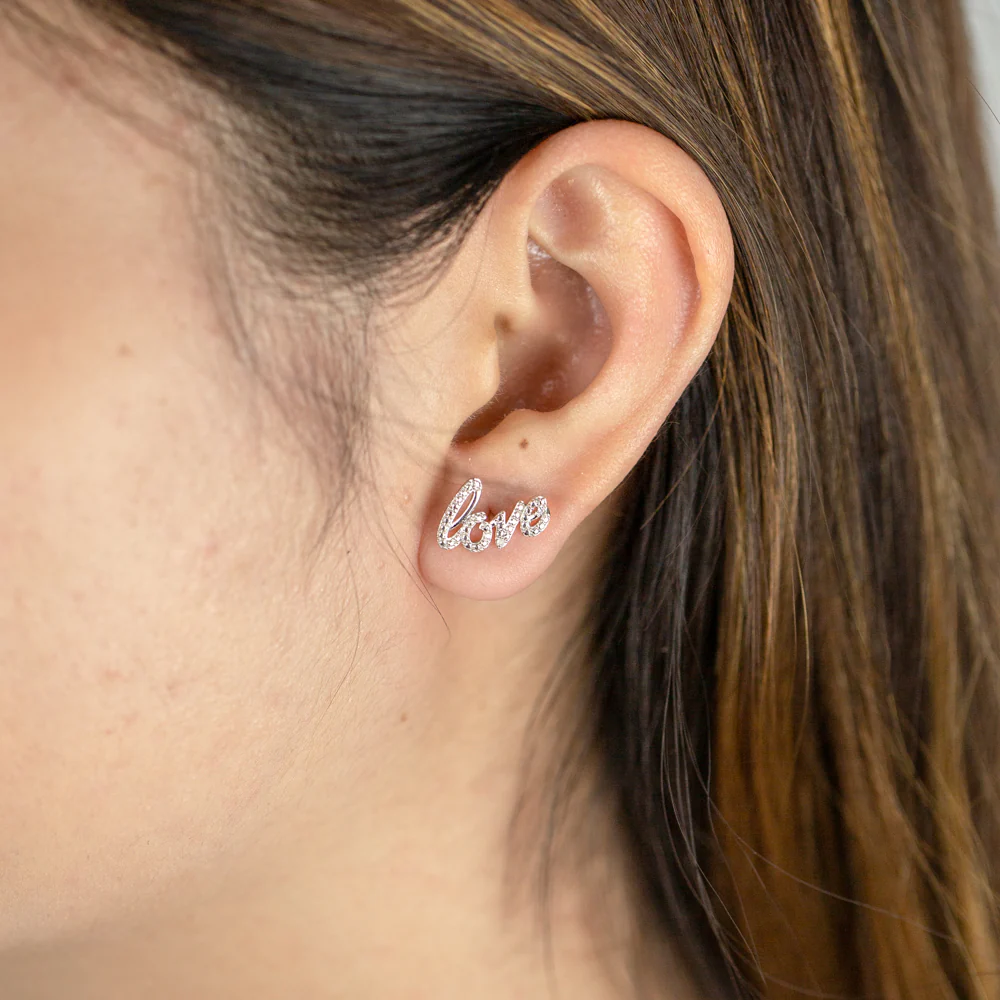 Sterling Silver 0.01 Carat Diamond Love Stud Earrings with 2 Brilliant Cut Diamonds - Image 3