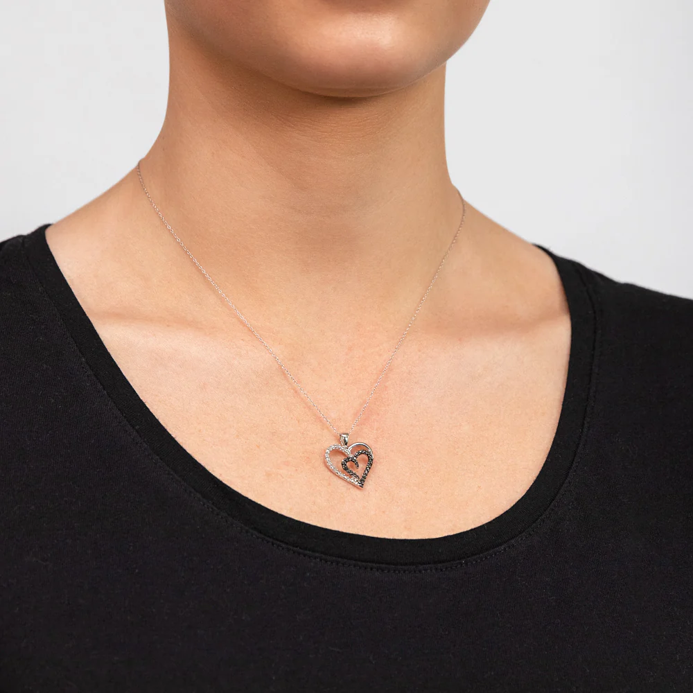 Sterling Silver 0.10 Carat Black and White  Diamond Heart Pendant on 45cm Chain - Image 2