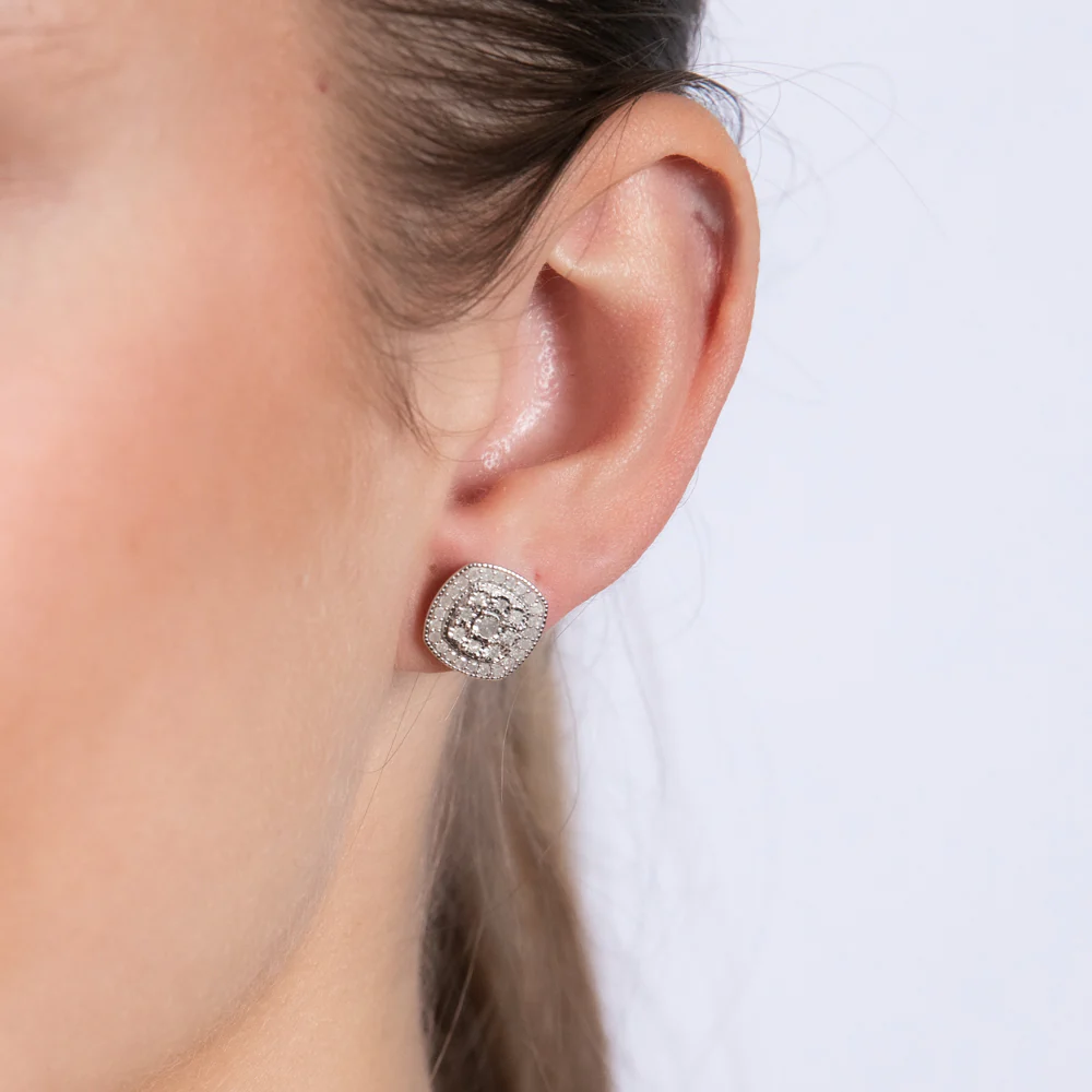Sterling Silver 0.45 Carat Diamond Cushion Shape Cluster Stud Earrings with Round Brilliant Diamonds - Image 2