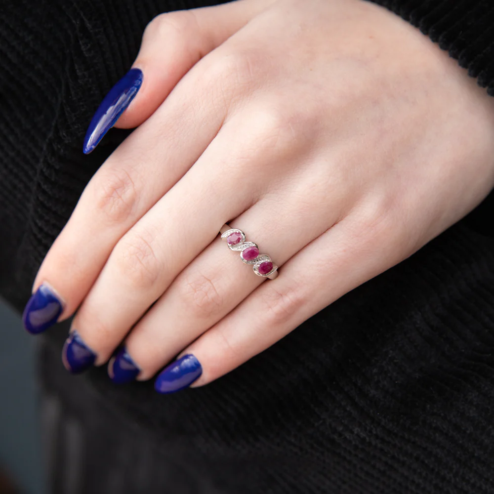 Sterling Silver 0.60ct Natural Ruby 4x3mm Trilogy Ring - Image 3