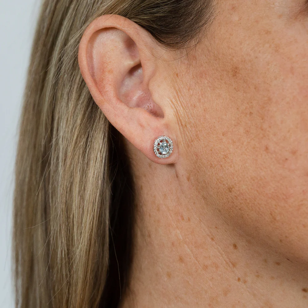 Sterling Silver 0.89ct Aquamarine and White Zircon Oval Halo Stud Earrings - Image 2