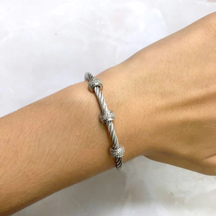 Sterling Silver 08 Points Diamond 3mm Cable Bangle - Image 3