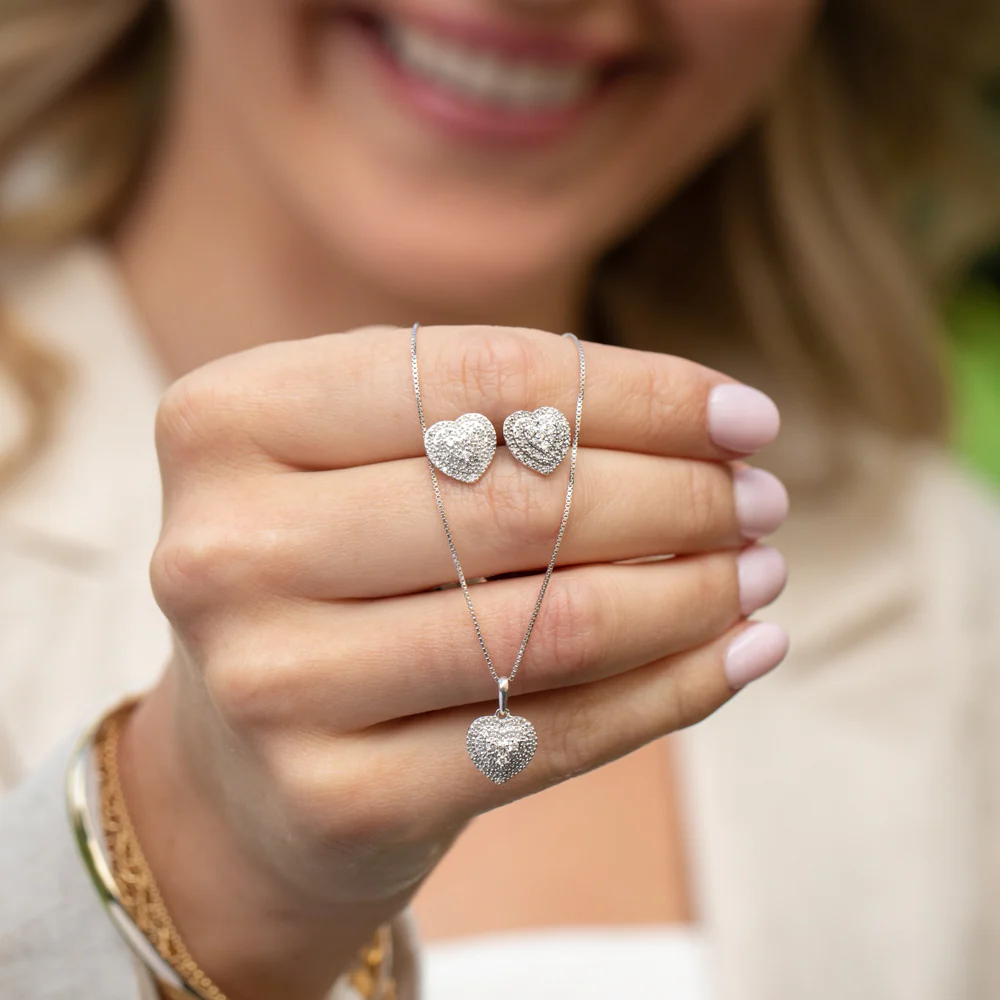 Sterling Silver 1/2 Carat Diamond Pendant and Earring Heart Shape Set on 46cm Chain - Image 4