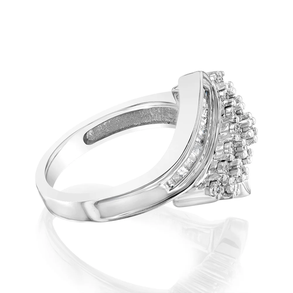 Sterling Silver 1/3 Carat Diamond Ring With Round and Baguette Cut Diamonds - Image 2