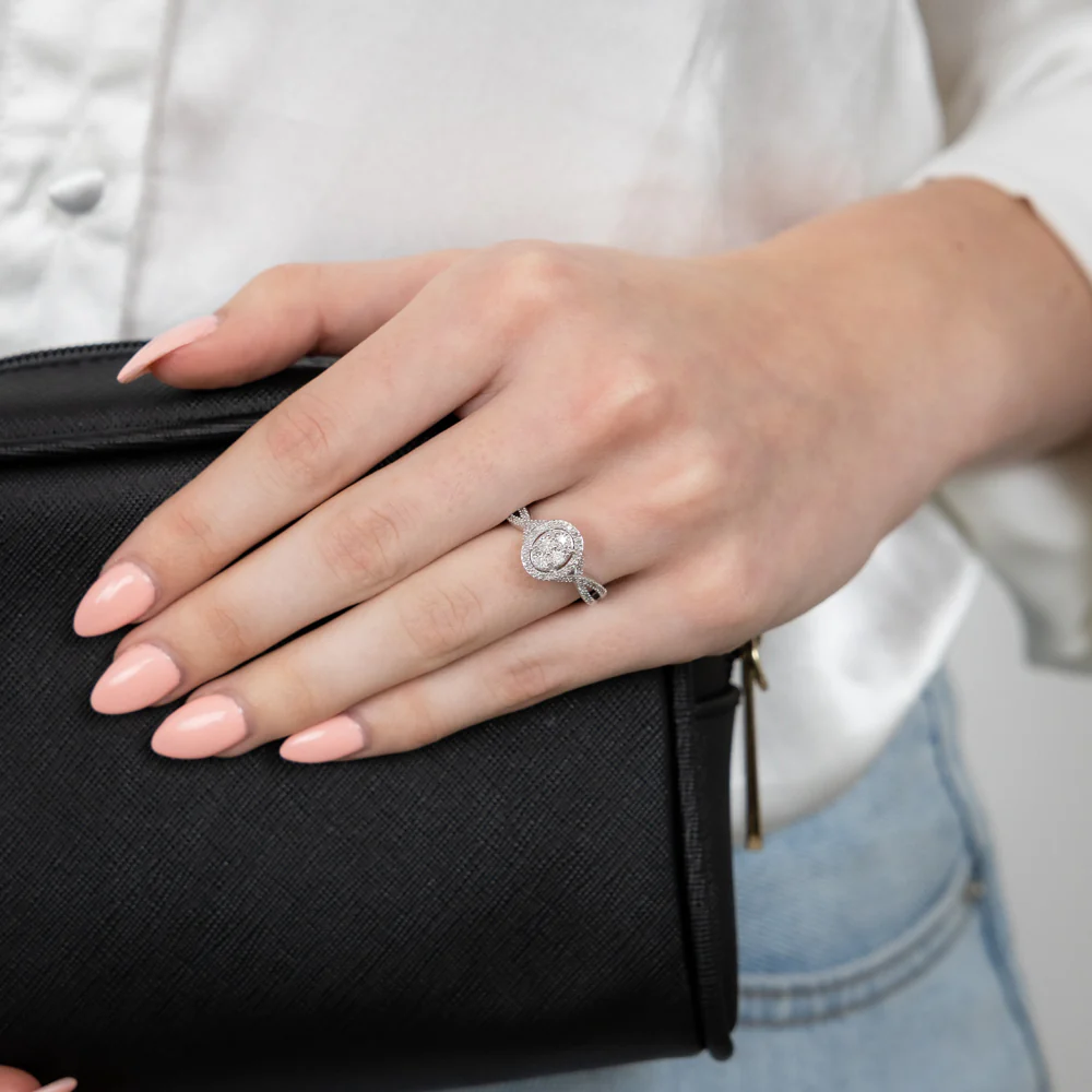 Sterling Silver 1/5 Carat Diamonds Oval Cluster Ring with 50 Round brilliant Cut Diamonds - Image 3
