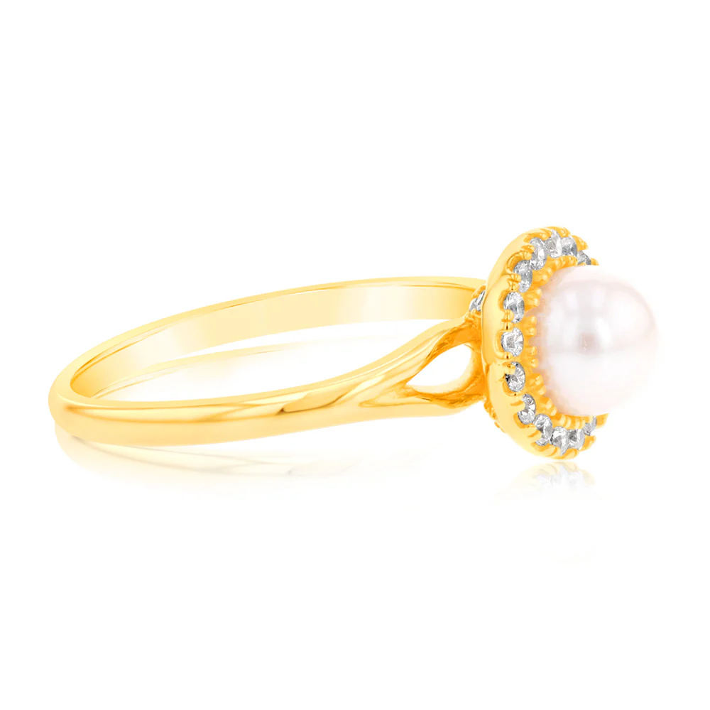 Sterling Silver 14ct Gold Plated Freshwater Pearl And Zirconia Ring - Image 2