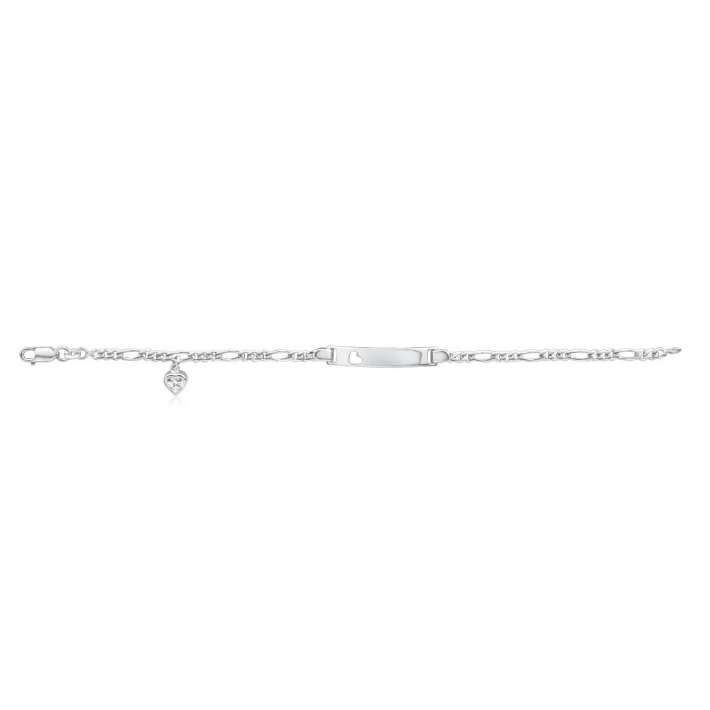 Sterling Silver 19cm Figaro 1-3 Open Heart ID Bracelet with Zirconia Heart Charm - Image 2