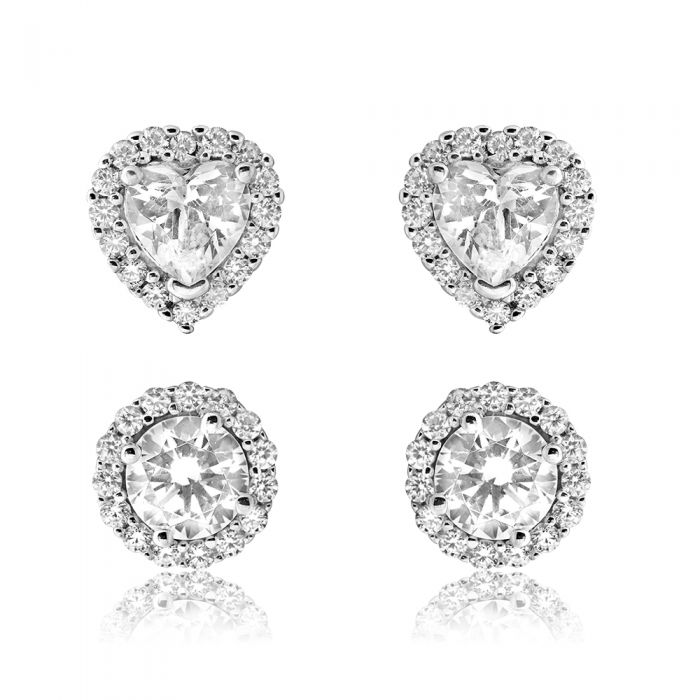 Sterling Silver 2 Set Round and Heart Zirconia Set Stud Earrings 7.5mm, 8.5x7.9mm - Image 2
