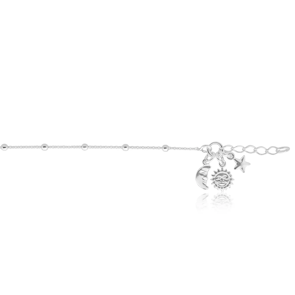Sterling Silver 25cm Sun Moon and Star Charm Anklet - Image 2