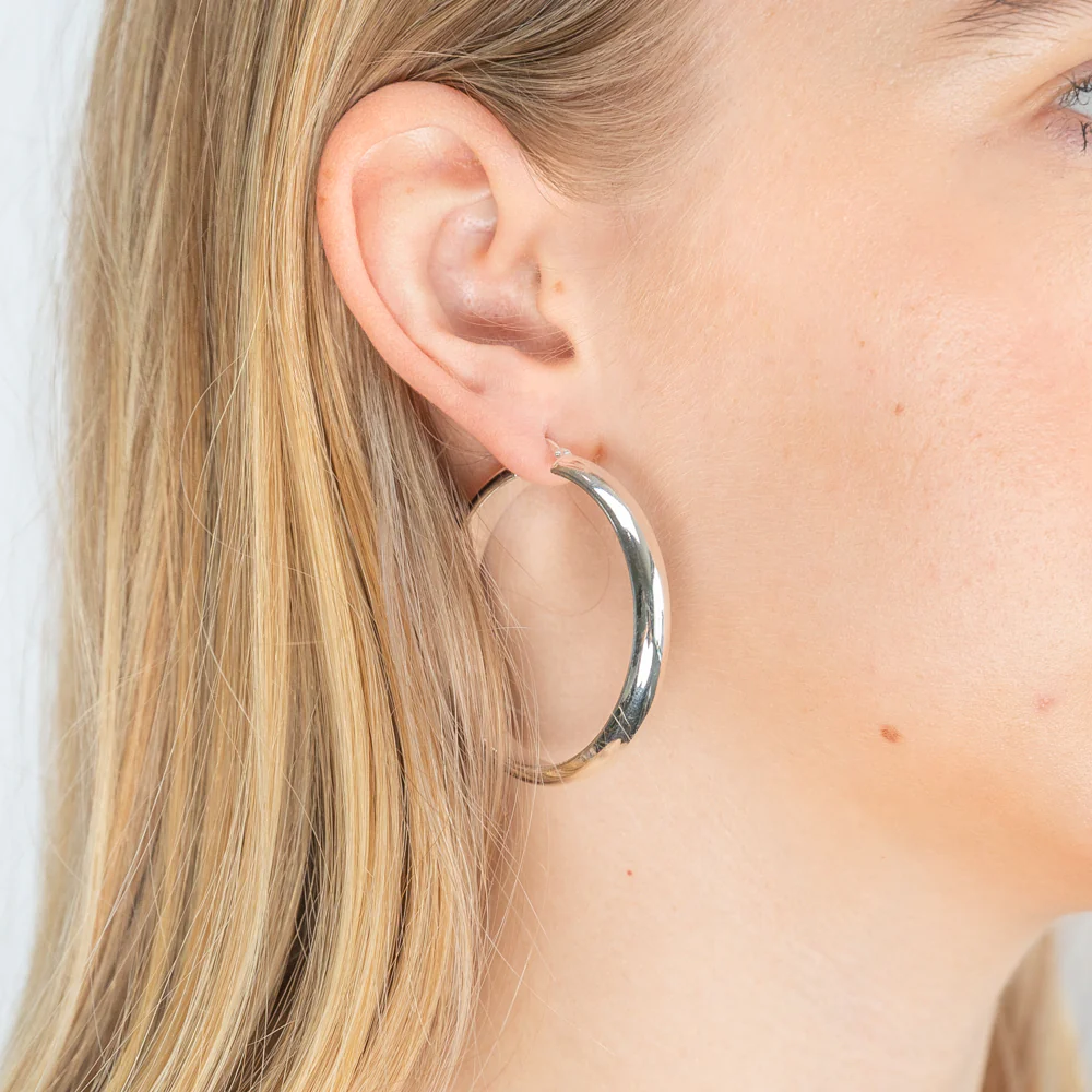 Sterling Silver 40mm Plain Half Round Hoop Earrings - Image 2