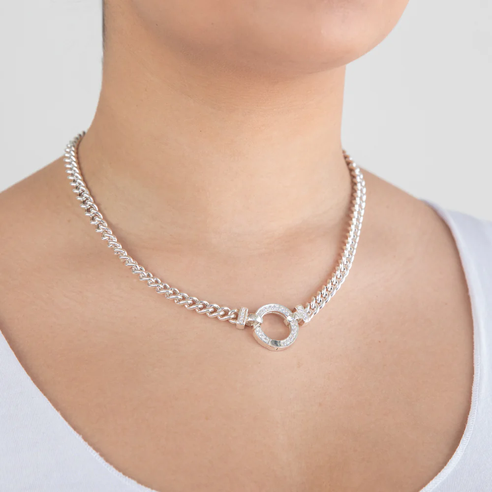 Sterling Silver 45cm Zirconia Fancy Boltring Curb Chain - Image 5