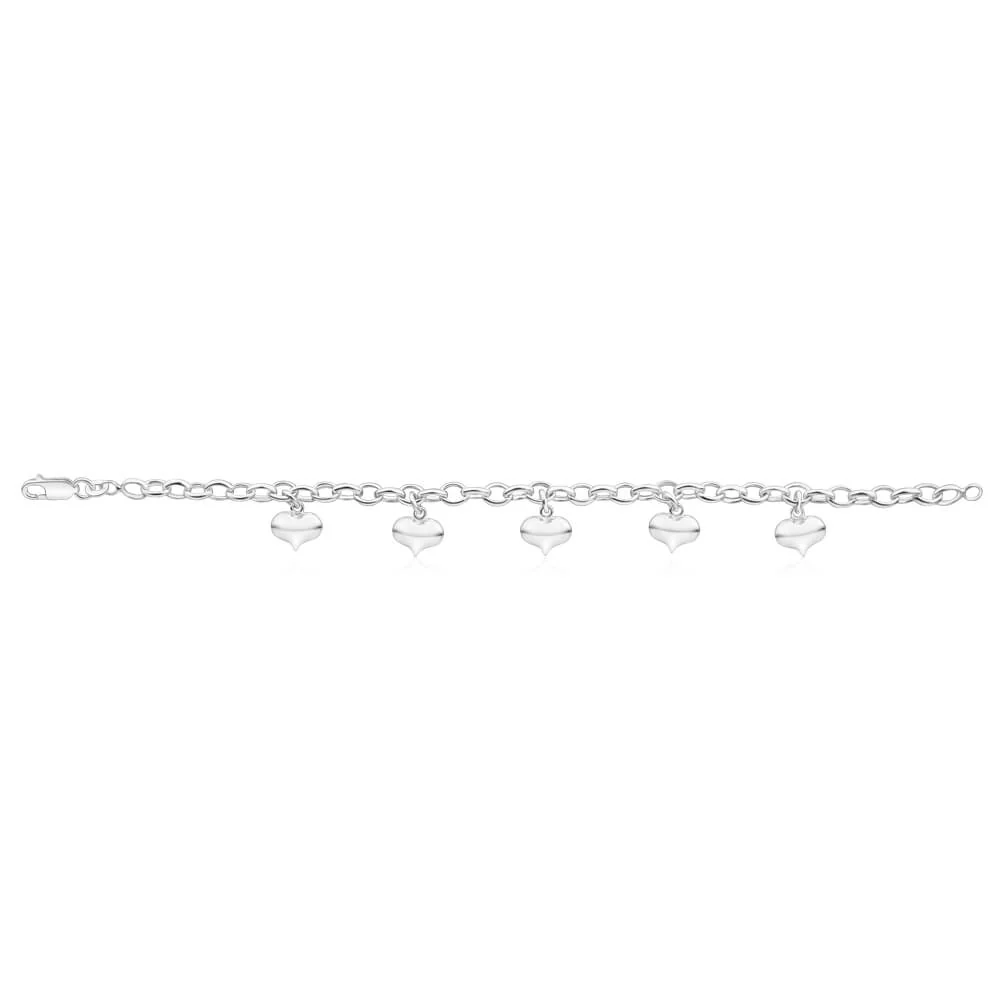 Sterling Silver 5 Heart Charms 19cm Belcher Bracelet - Image 2