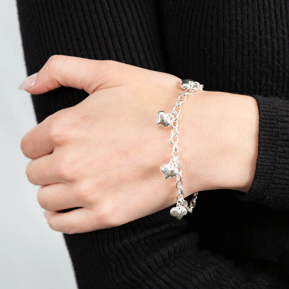 Sterling Silver 5 Heart Charms 19cm Belcher Bracelet - Image 3